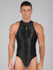 a sexy man in black Riptide Zip Racer Leotard with front zip, sculpted torso and sleek sporty cut – pridevoyageshop.com – gay men’s harness, lingerie and fetish wear