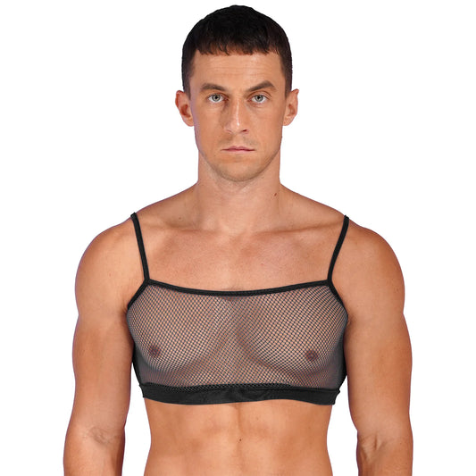 a sexy man in black Signal Boost Fishnet Cami - pridevoyageshop.com - gay men’s harness, lingerie and fetish wear