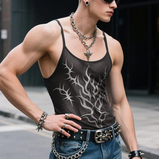 a sexy man in black Sin City Flame Mesh Cami - pridevoyageshop.com - gay men’s harness, lingerie and fetish wear