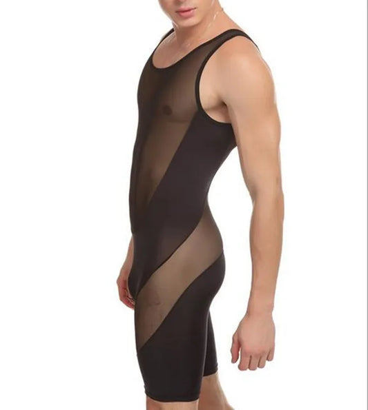 a sexy man in black The Veil Sheer Singlet – pridevoyageshop.com – gay men’s harness, lingerie and fetish wear