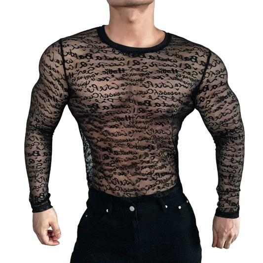 a sexy man in black Velvet Rumor Script Long Mesh Sleeve - pridevoyageshop.com - gay men’s harness, lingerie and fetish wear