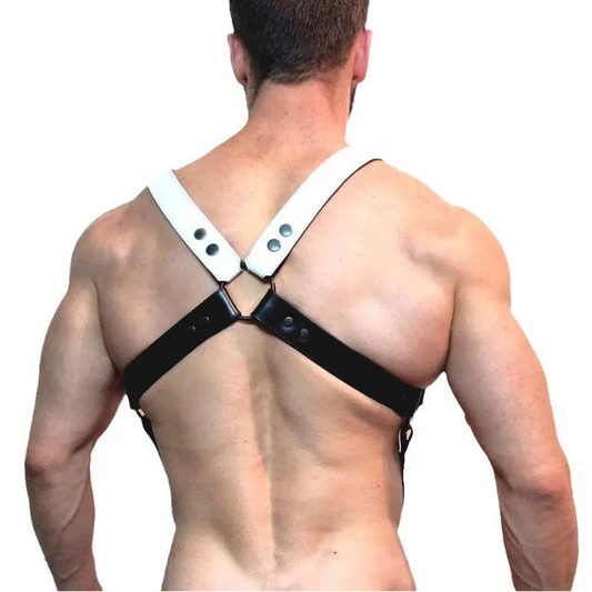 a sexy man in black and white Men’s Division Chest Harness – pridevoyageshop.com – gay men’s harness, lingerie and fetish wear