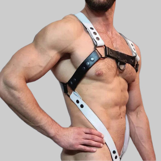a sexy man in black and white Men’s Division Chest Harness – pridevoyageshop.com – gay men’s harness, lingerie and fetish wear