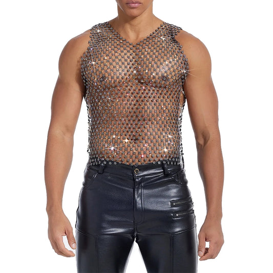 a sexy man in black crystal net tank showing toned torso and sparkle mesh detailing – pridevoyageshop.com – gay men’s harness, lingerie and fetish wear