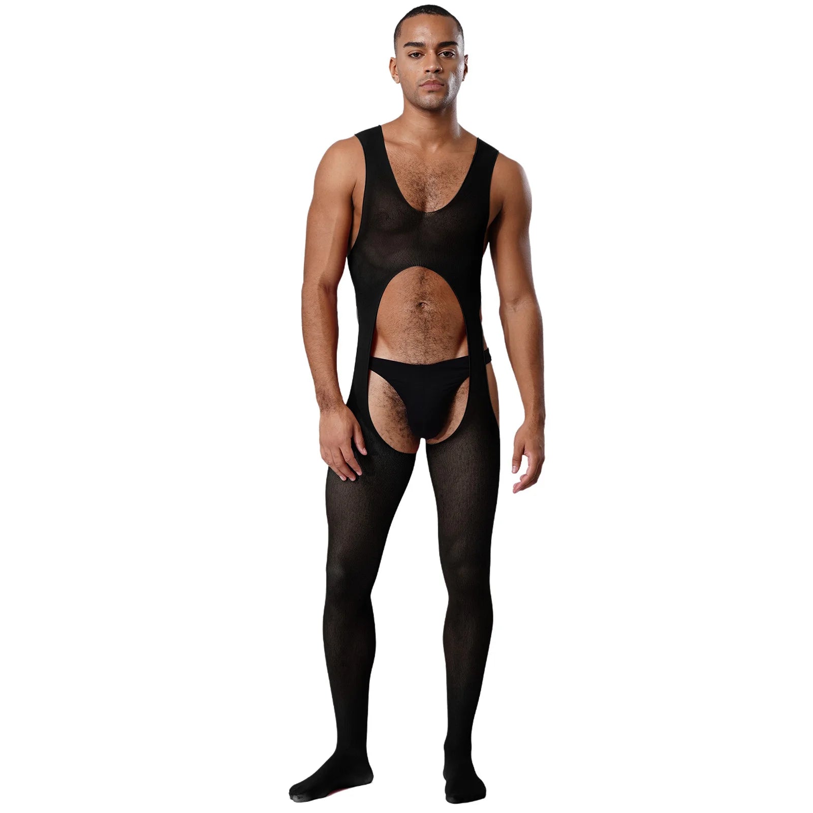a sexy man in black cutout sheer bodystocking, open chest and torso mesh, bold erotic club look – pridevoyageshop.com – gay men’s harness, lingerie and fetish wear