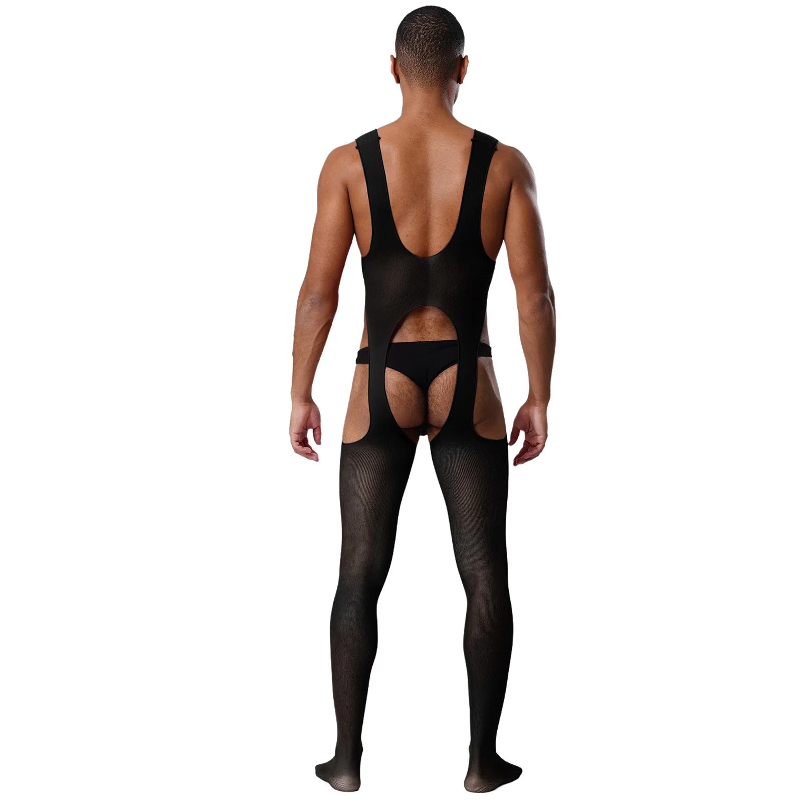 a sexy man in black cutout sheer bodystocking, open chest and torso mesh, bold erotic club look – pridevoyageshop.com – gay men’s harness, lingerie and fetish wear