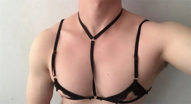 a sexy man in black lace T-bar collar bralette, sheer lace cups and nipple peek design, bold collar strap – pridevoyageshop.com – gay men’s harness, lingerie and fetish wear