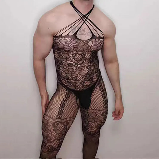 a sexy man in black lace X-halter backless bodystocking, sheer lace body, open back and thong bottom, seductive lingerie fit – pridevoyageshop.com – gay men’s harness, lingerie and fetish wear