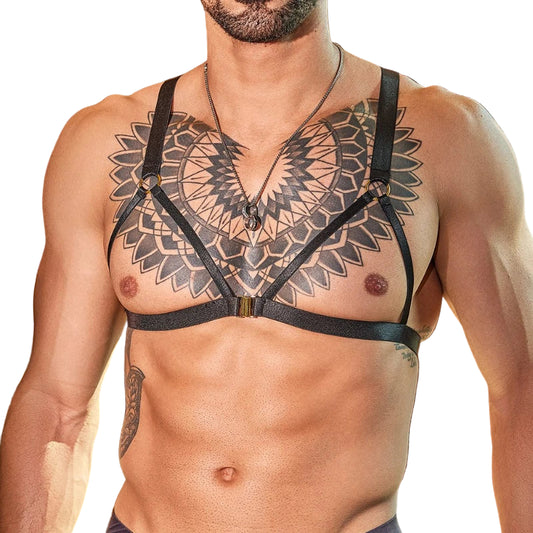 a sexy man in black quick-clasp chest harness, defined pecs and straps framing chest, bold gay club look – pridevoyageshop.com – gay men’s harness, lingerie and fetish wear