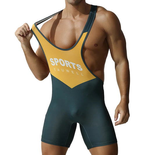 a sexy man in blackish green Men’s First-String Shield Singlet – pridevoyageshop.com – gay men’s harness, lingerie and fetish wear