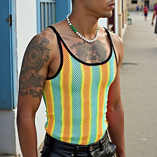 a sexy man in blue Boardwalk Candy Stripe Mesh Cami – pridevoyageshop.com – gay men’s harness, lingerie and fetish wear.