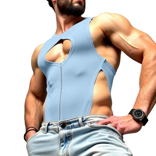 a sexy man in blue Chest Code Front-Zip Body - pridevoyageshop.com - gay men’s harness, lingerie and fetish wear