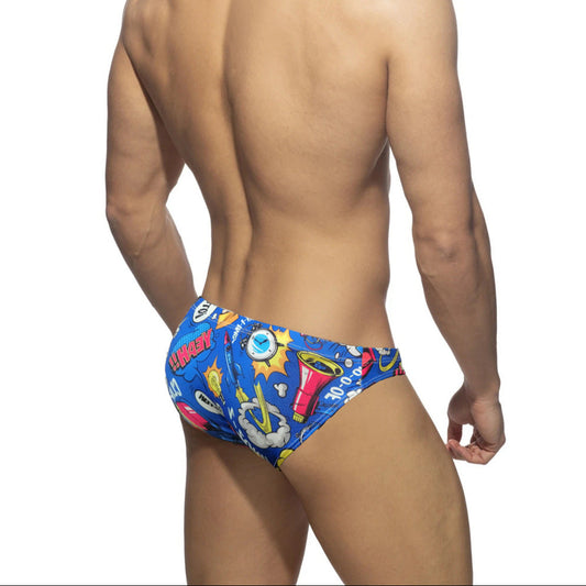 a sexy man in blue Men’s Comic Crotch Swim Briefs - pridevoyageshop.com - gay men’s sexy swim briefs, trunks, board shorts, and bikinis