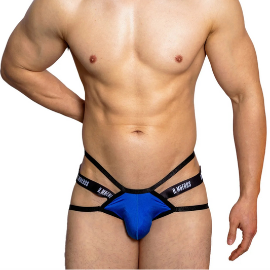 a sexy man in blue Men’s D.M & Eros Strappy Jock Thong - pridevoyageshop.com - gay men’s thongs, boxers, briefs and jockstraps