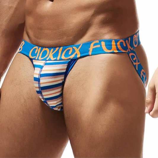 a sexy man in blue Men’s Fuck Striped Jockstrap - pridevoyageshop.com - gay men’s thongs, boxers, briefs and jockstraps