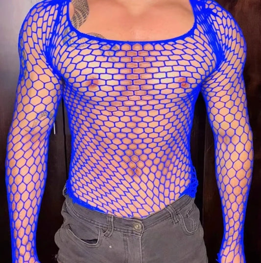 a sexy man in blue Men’s Long Sleeve Fishnet T-Shirt - pridevoyageshop.com - gay men’s harness, lingerie and fetish wear