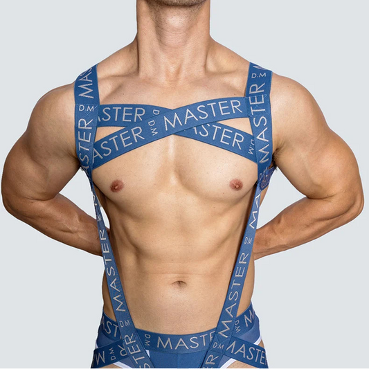 a sexy man in blue Men’s Masterclass Bondage Harness – pridevoyageshop.com – gay men’s harness, lingerie and fetish wear