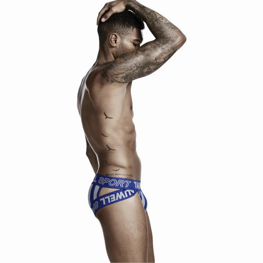 a sexy man in blue Men’s TAUWELL Striped Jock Briefs - pridevoyageshop.com - gay men’s thongs, boxers, briefs and jockstraps