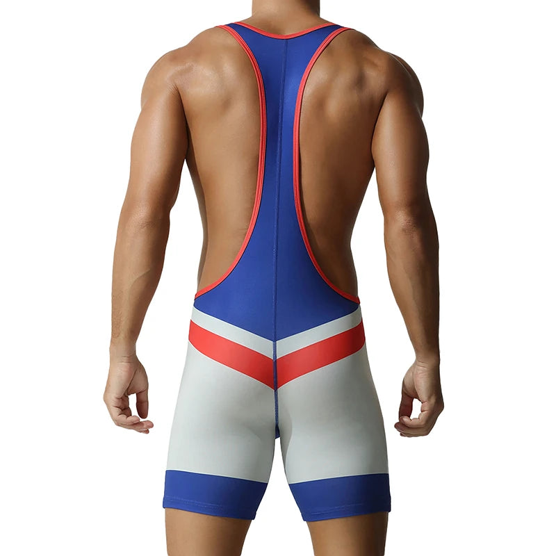 a sexy man in blue Men’s Trident Double-Chevron Singlet – pridevoyageshop.com – gay men’s harness, lingerie and fetish wear