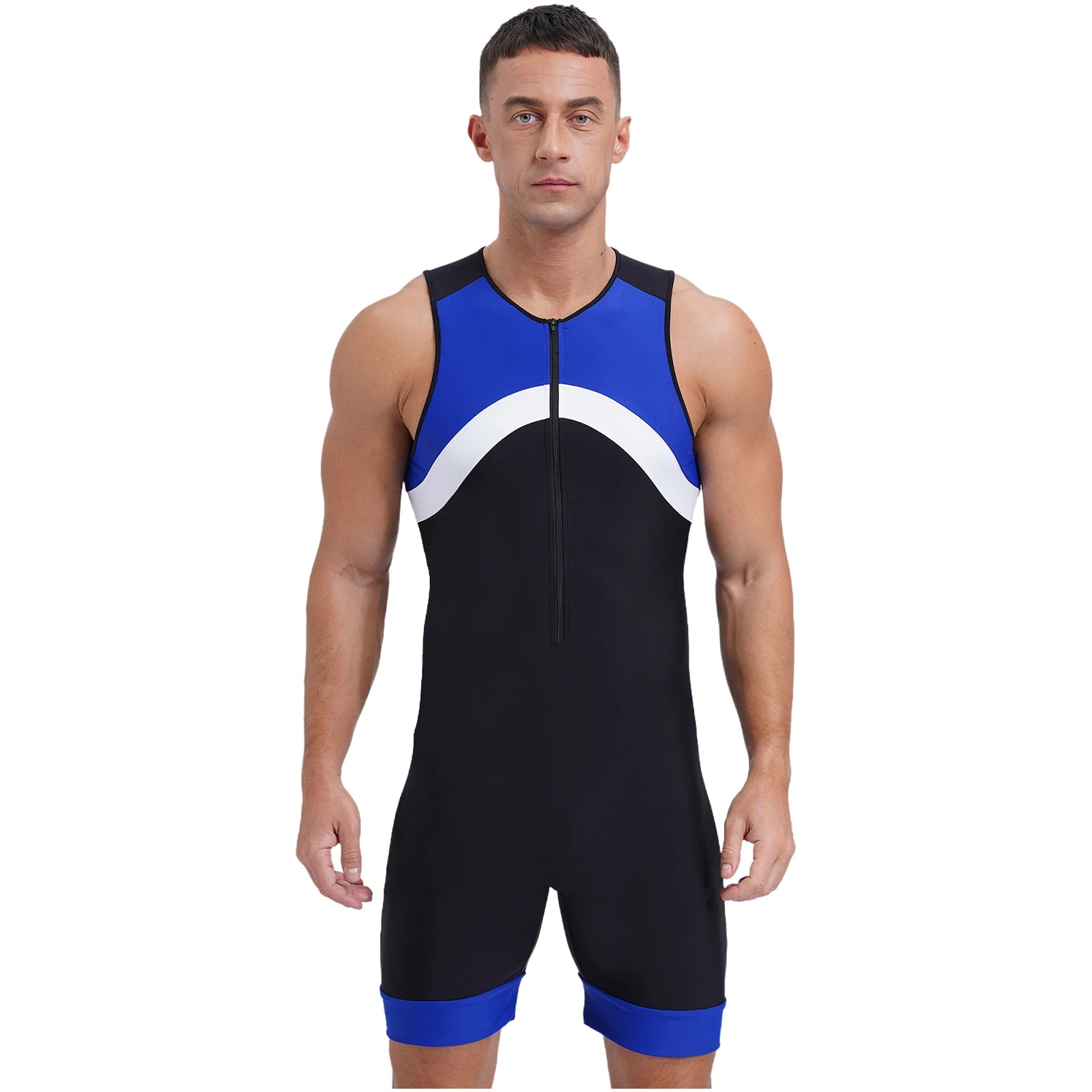 a sexy man in blue Men’s Undertow Wave-Zip Bodysuit – pridevoyageshop.com – gay men’s harness, lingerie and fetish wear