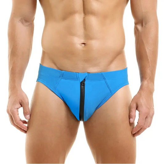 a sexy man in blue Men’s Zip Me Up, Boy Swim Briefs - pridevoyageshop.com - gay men’s sexy swim briefs, trunks, board shorts, and bikinis