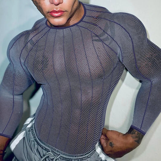 a sexy man in blue Veiny Shaft Mesh Long Sleeve - pridevoyageshop.com - gay men’s harness, lingerie and fetish wear