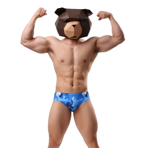 a sexy man in blue camo Men’s Camo Carnal Low Rise Swim Briefs - pridevoyageshop.com - gay men’s sexy swim briefs, trunks, board shorts, and bikinis