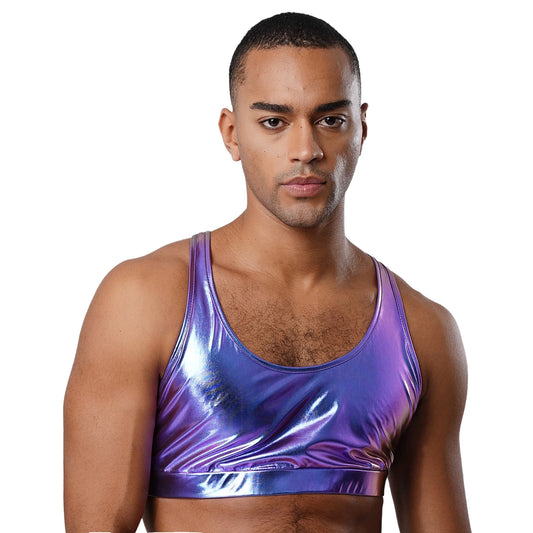 a sexy man in blue metallic harness-back crop top, iridescent shine, fitted chest and strappy fetish back – pridevoyageshop.com – gay men’s harness, lingerie and fetish wear