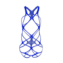 a sexy man in blue strappy bodysuit with exposed chest and high-leg design – pridevoyageshop.com – gay men’s harness, lingerie and fetish wear