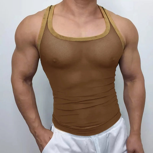 a sexy man in brown Gogo Glaze Mesh Top – pridevoyageshopcom – gay mens clubwear mesh tanks crop tops fashion tops partywear activewear