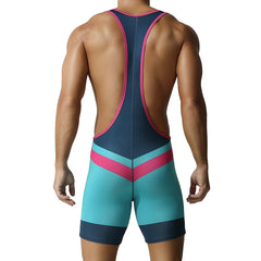 a sexy man in cyan Men’s Trident Double-Chevron Singlet – pridevoyageshop.com – gay men’s harness, lingerie and fetish wear