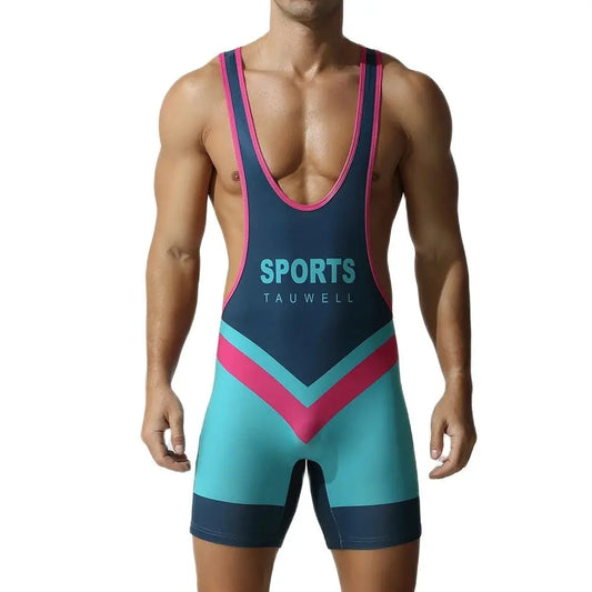 a sexy man in cyan Men’s Trident Double-Chevron Singlet – pridevoyageshop.com – gay men’s harness, lingerie and fetish wear