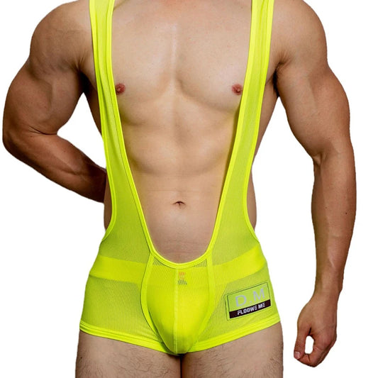 a sexy man in fluorescent green DM Men’s Powerline Y-Back Mesh Singlet – pridevoyageshop.com – gay men’s harness, lingerie and fetish wear