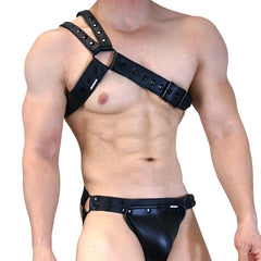 a sexy man in gold Men’s Offset Chest Harness – pridevoyageshop.com – gay men’s harness, lingerie and fetish wear