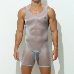 a sexy man in gray Full Disclosure Open-Crotch Mesh Singlet, see-through stretch mesh, open crotch feature, body-clinging lingerie fit – pridevoyageshop.com – gay men’s harness, lingerie and fetish wear