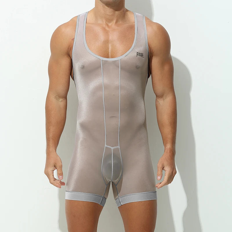 a sexy man in gray Uncensored Sheer-Stripe Singlet, striped see-through mesh, body-hugging silhouette, defined chest and abs tease – pridevoyageshop.com – gay men’s harness, lingerie and fetish wear