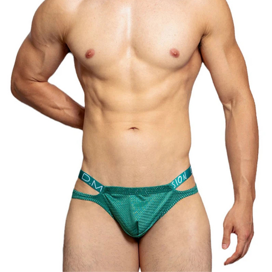 a sexy man in green DM Men’s Strappy Mesh Jock Brief - pridevoyageshop.com - gay men’s thongs, boxers, briefs and jockstraps
