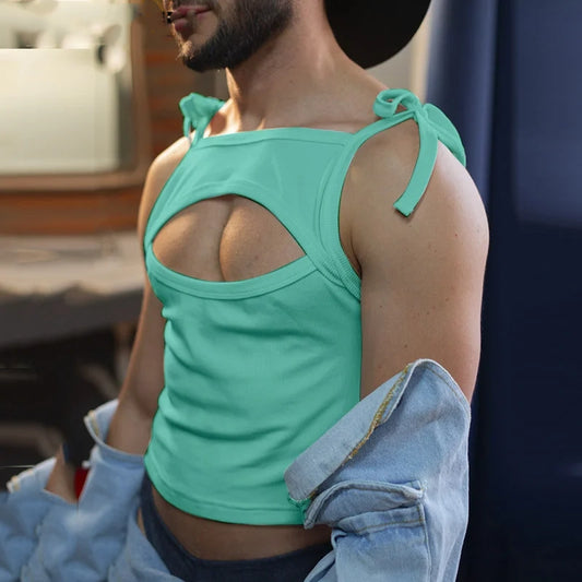 a sexy man in green PecaBoo Bow Crop – pridevoyageshopcom – gay mens clubwear mesh tanks crop tops fashion tops partywear activewear