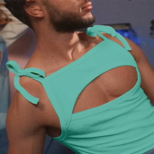 a sexy man in green PecaBoo Bow Crop – pridevoyageshopcom – gay mens clubwear mesh tanks crop tops fashion tops partywear activewear