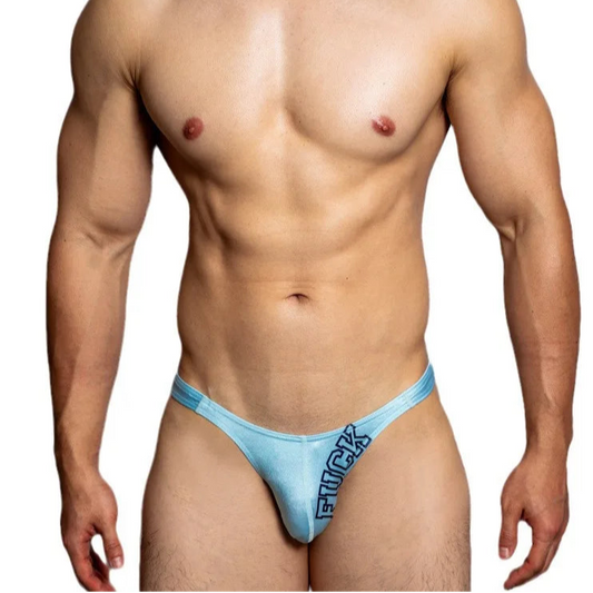 a sexy man in light blue DM Men’s FUCK Ice Silk Brief - pridevoyageshop.com - gay men’s thongs, boxers, briefs and jockstraps