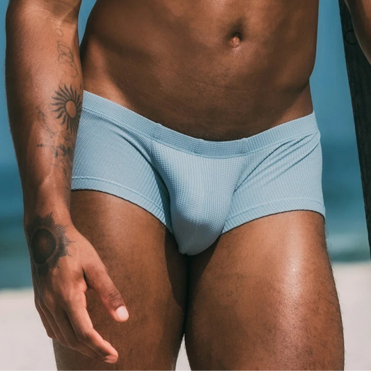 a sexy man in light blue TAUWELL Gentle Mini Mesh Trunks - pridevoyageshop.com - gay men’s thongs, boxers, briefs and jockstraps