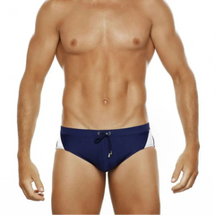 a sexy man in navy blue Men’s Backdoor Varsity Swim Briefs - pridevoyageshop.com - gay men’s sexy swim briefs, trunks, board shorts, and bikinis