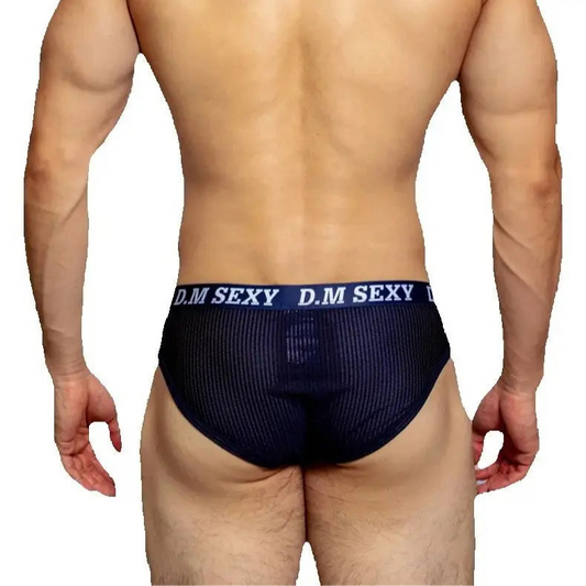 a sexy man in navy blue Men’s D.M. Sexy Criss-cross Mesh Brief - pridevoyageshop.com - gay men’s thongs, boxers, briefs and jockstraps