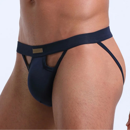 a sexy man in navy blue Men’s KarenSpace Cutout Jockstrap - pridevoyageshop.com - gay men’s thongs, boxers, briefs and jockstraps