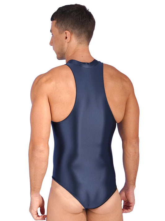 a sexy man in navy blue Riptide Zip Racer Leotard with front zip, sculpted torso and athletic high-cut fit – pridevoyageshop.com – gay men’s harness, lingerie and fetish wear