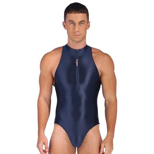a sexy man in navy blue Riptide Zip Racer Leotard with front zip, sculpted torso and athletic high-cut fit – pridevoyageshop.com – gay men’s harness, lingerie and fetish wear