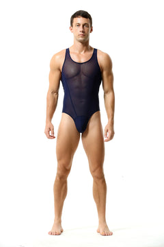 a sexy man in navy blue The Preview Sheer Bodysuit – pridevoyageshop.com – gay men’s harness, lingerie and fetish wear