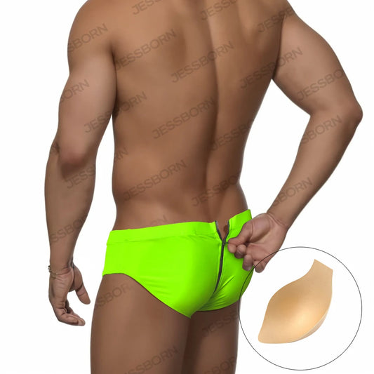 a sexy man in neon green Men's Unzip Me Daddy Swim Briefs with pad - pridevoyageshop.com - gay men’s sexy swim briefs, trunks, board shorts, and bikinis