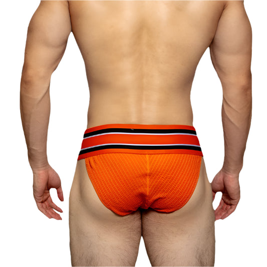 a sexy man in orange Men’s D.M. Label Stripe Jock Briefs - pridevoyageshop.com - gay men’s thongs, boxers, briefs and jockstraps