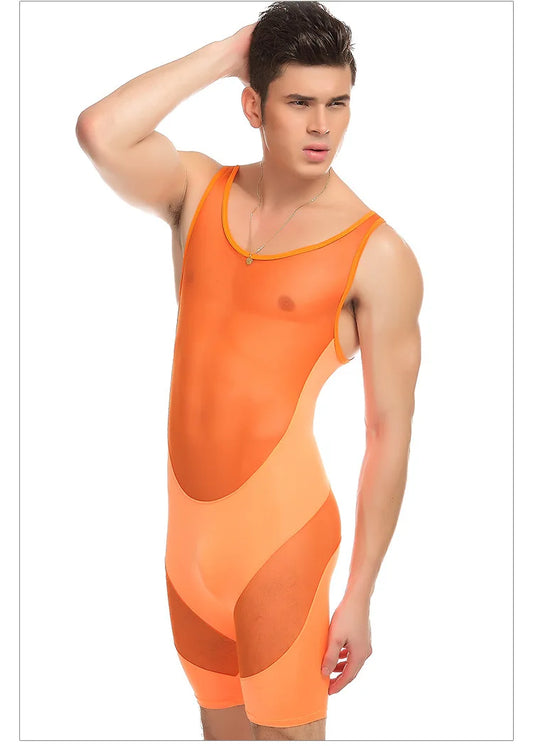a sexy man in orange The Veil Sheer Singlet – pridevoyageshop.com – gay men’s harness, lingerie and fetish wear